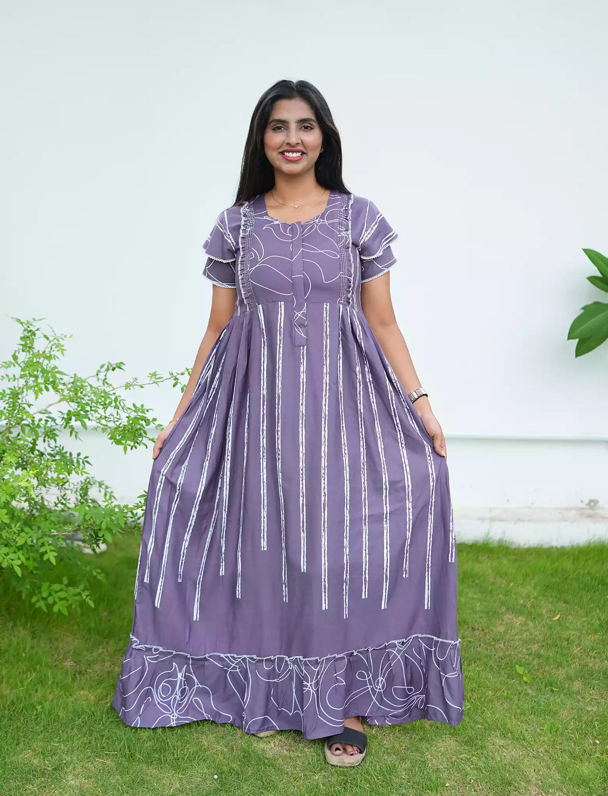 Rayon Stripe Print Feeding Maternity Frock with Zip | Mangai Nighties