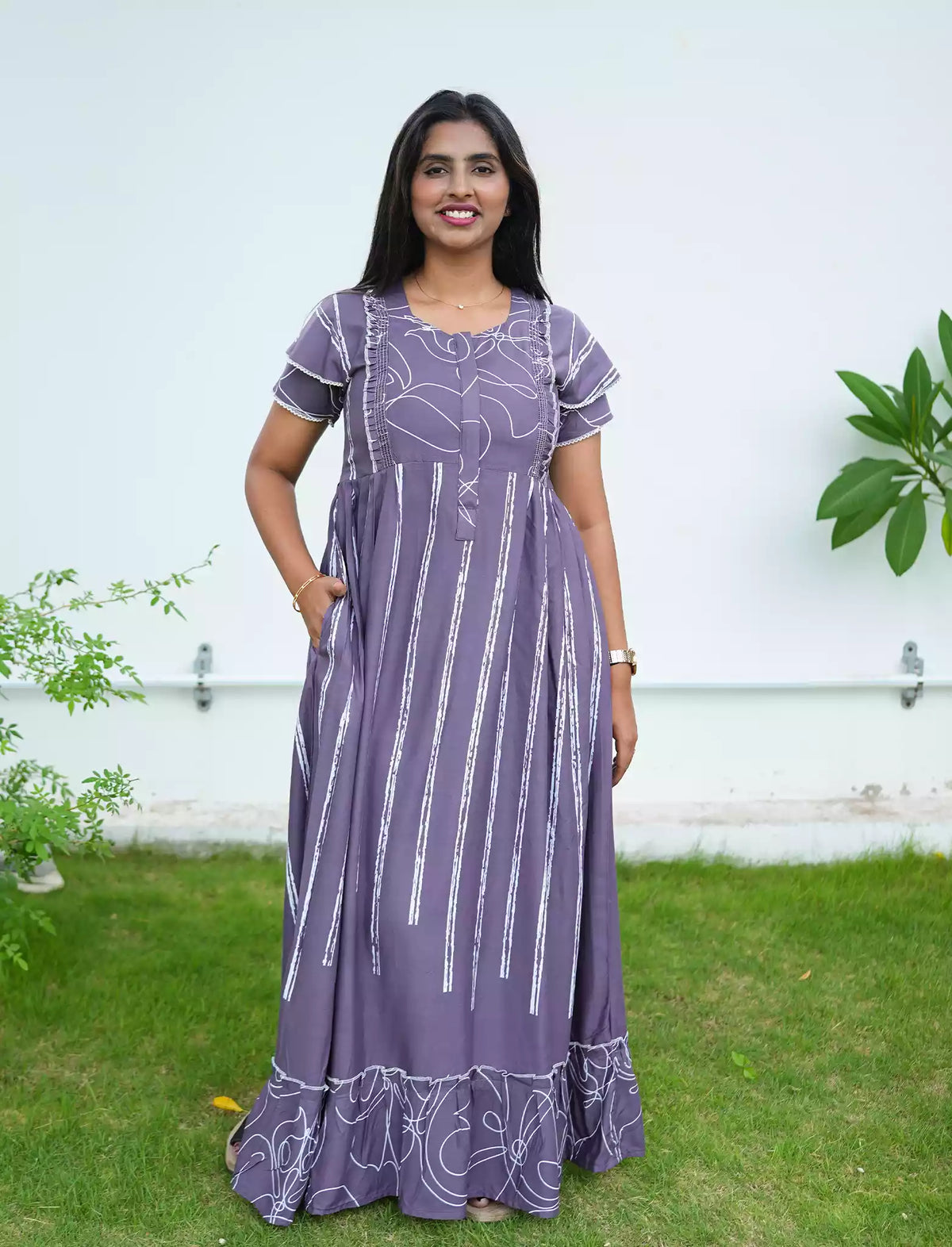 Rayon Stripe Print Feeding Maternity Frock with Zip | Mangai Nighties