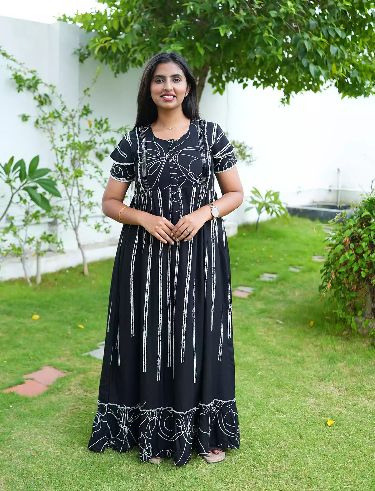 Rayon Stripe Print Feeding Maternity Frock with Zip | Mangai Nighties