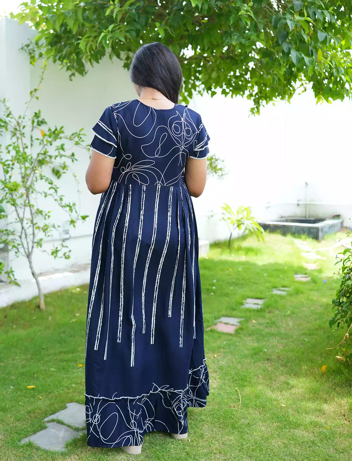 Rayon Stripe Print Feeding Maternity Frock with Zip | Mangai Nighties