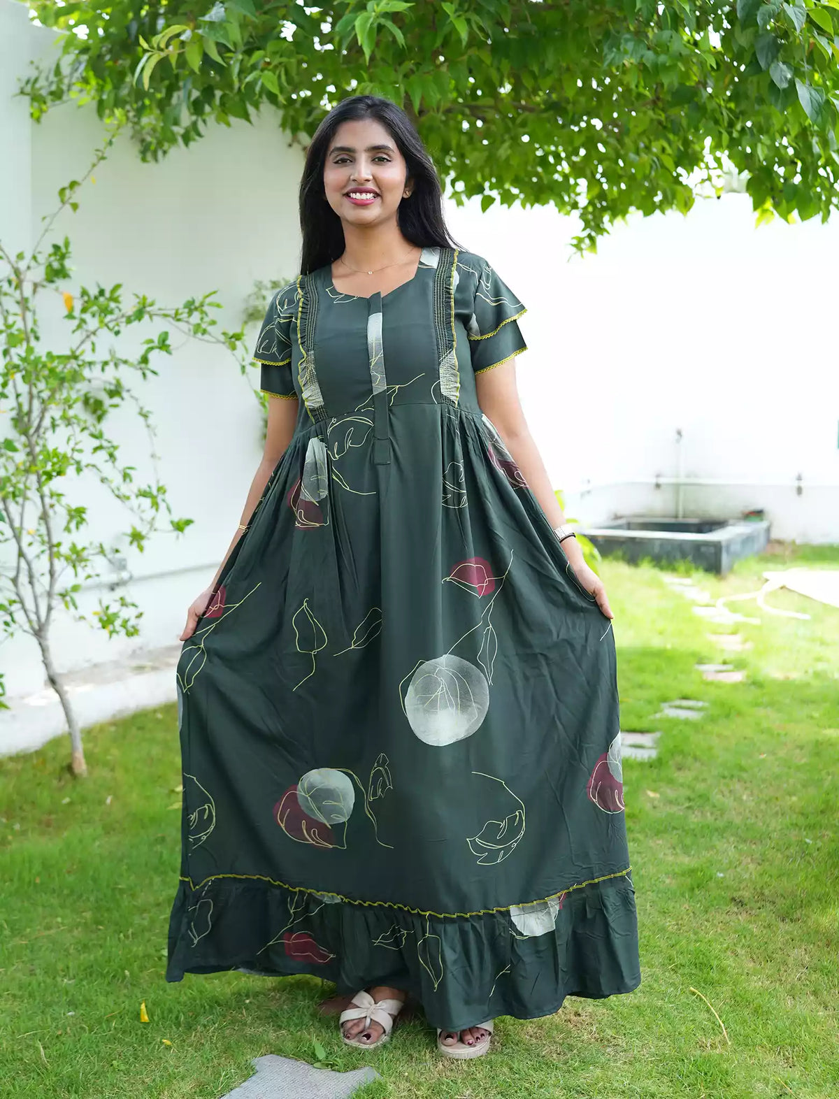 Rayon Floral Print Maternity Feeding Frock with Pocket | Mangai Nighties