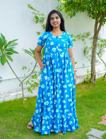 Sea Blue Rayon Maternity Feeding Flared Dress Mangai Nighties