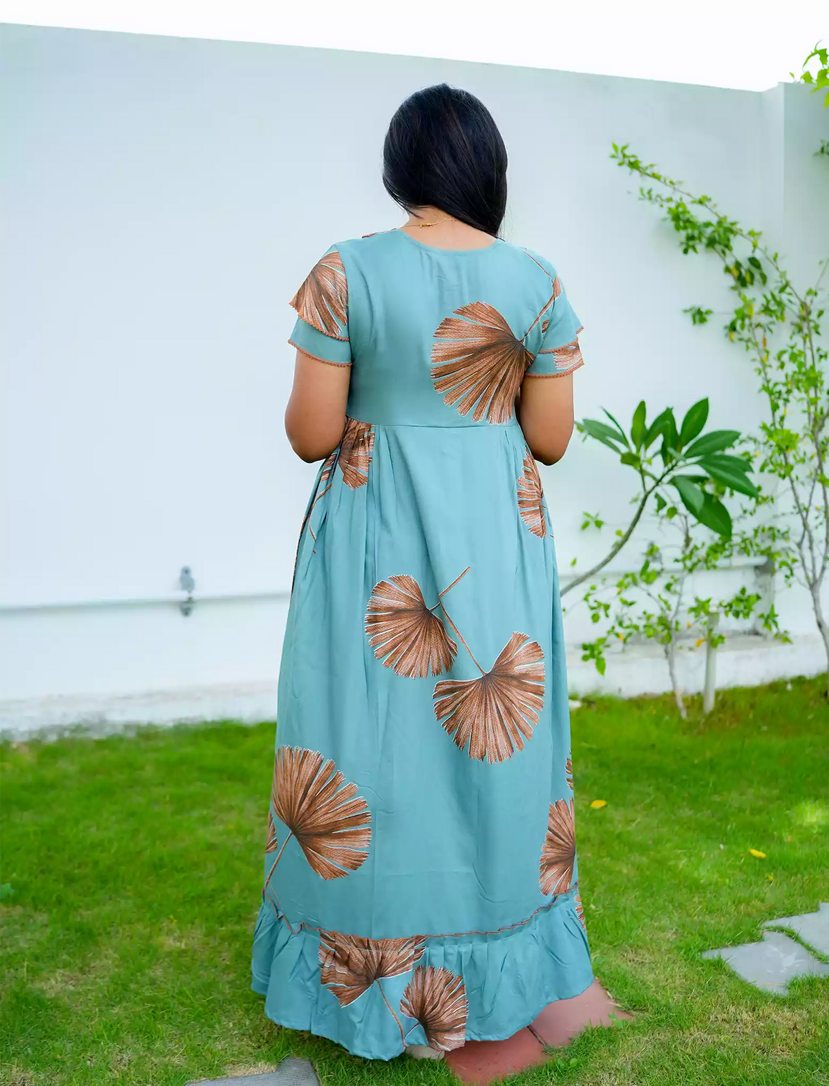 Rayon Leaf Print Feeding Frock With Zipper | Mangai Nighties