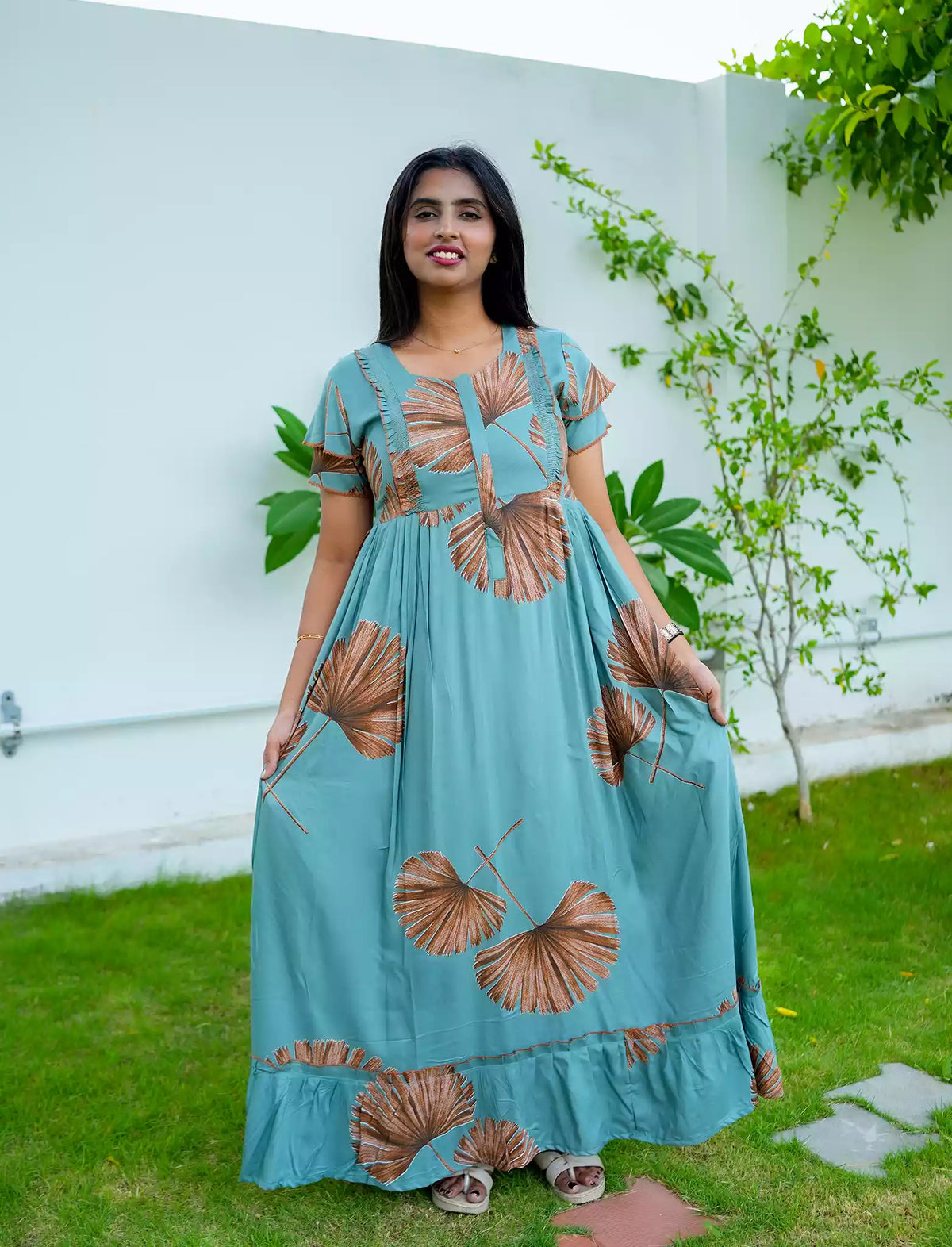 Rayon Leaf Print Feeding Frock With Zipper | Mangai Nighties