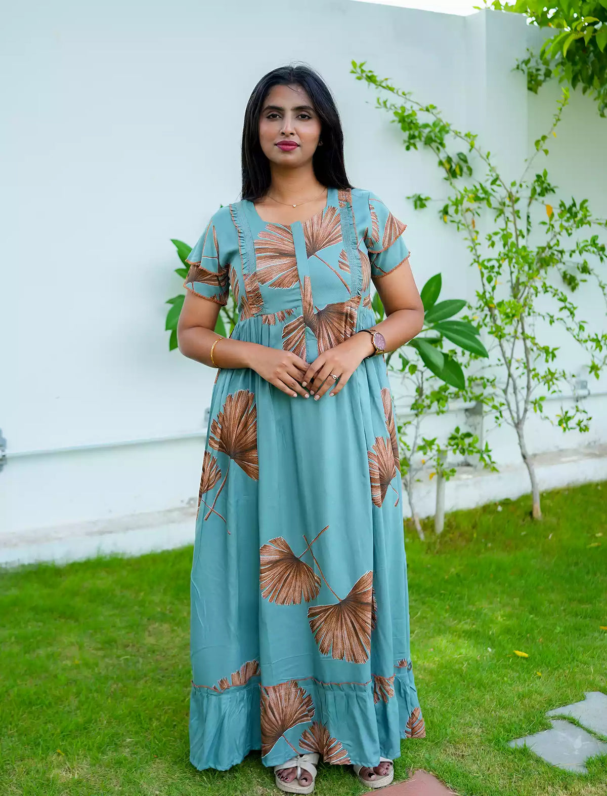 Rayon Leaf Print Feeding Frock With Zipper | Mangai Nighties