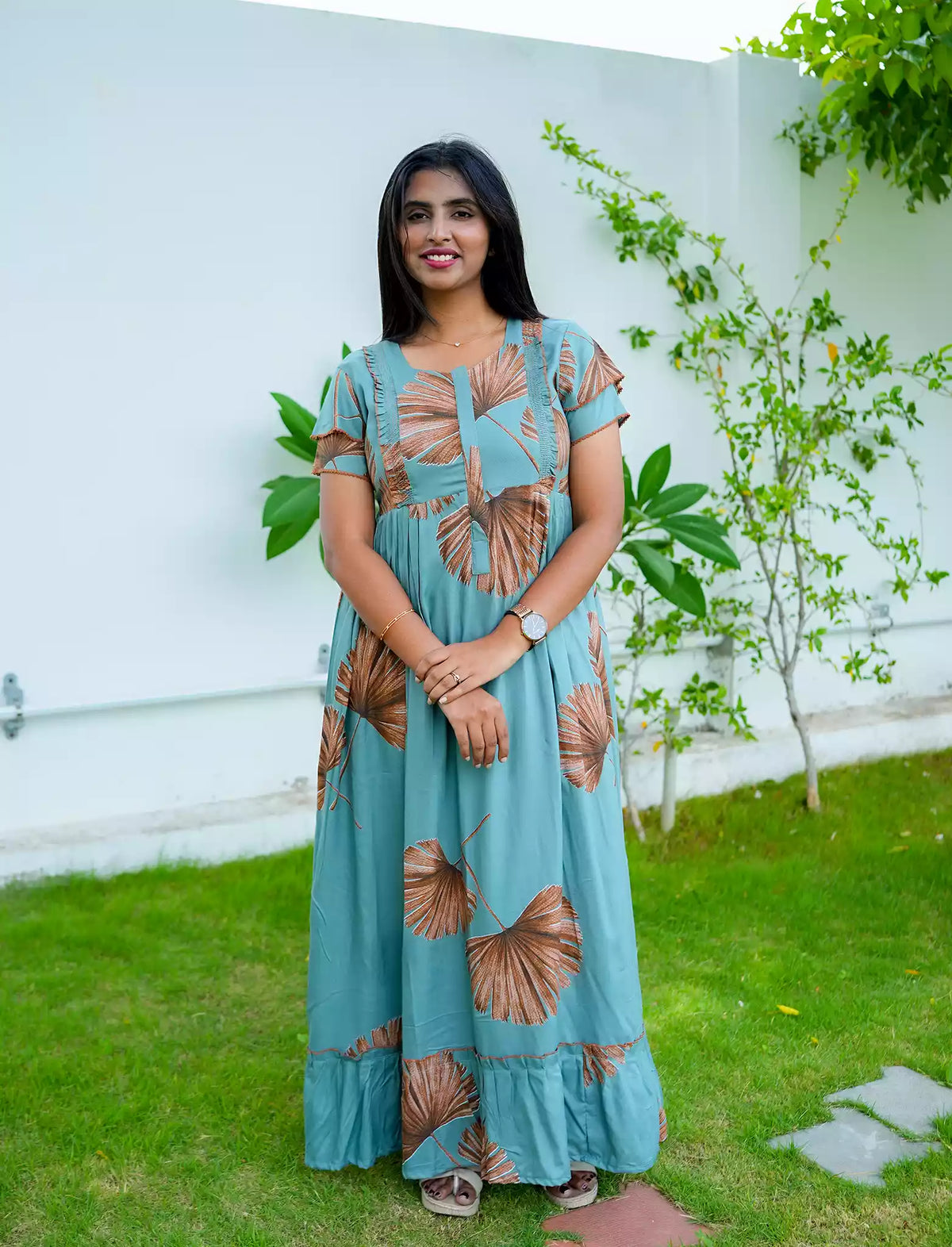 Rayon Leaf Print Feeding Frock With Zipper | Mangai Nighties