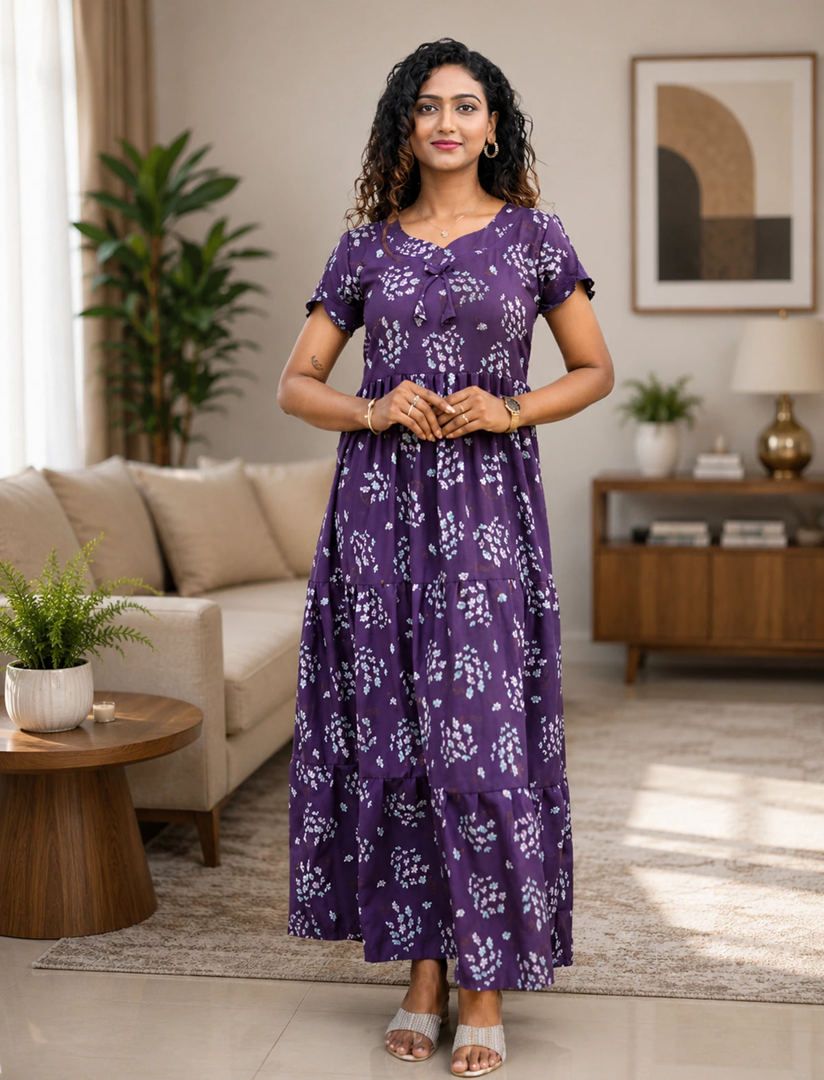 Alpine Floral Print Back Tie Full Frock - Mangai Nighties