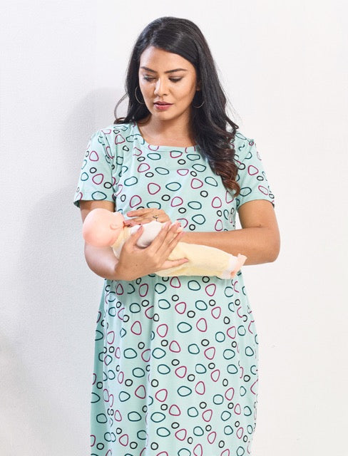 Mint Green Abstract printed Hosiery Cotton Flip Open Maternity wear - Mangai Nighties 