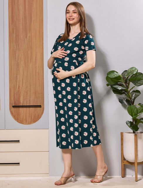 Green Zipless Floral printed Zipless Feeding Maxi with side pocket - Mangai Nighties 