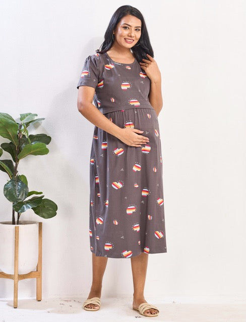 Grey Hosiery Zipless Maternity Feeding Maxi for Mom's wear - Mangai Nighties 