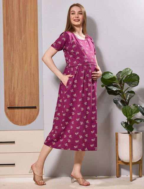 Magenta Floral Zipless Feeding Maxi Wear for Pregnancy - Mangai Nighties 