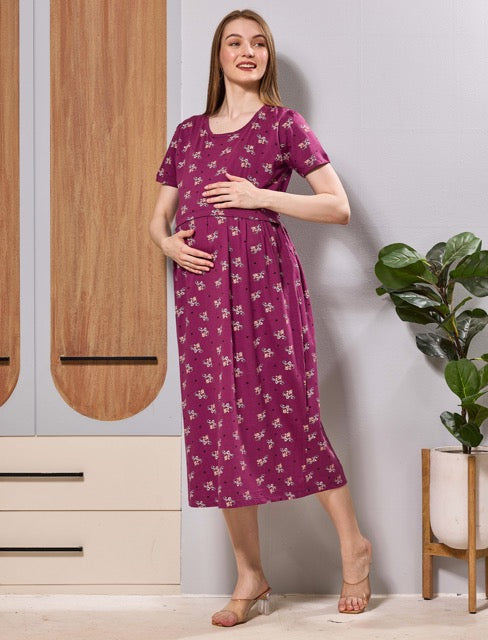 Hosiery Flip Open Nursing Dress best Pre and Post Pregnancy wear - Mangai Nighties 