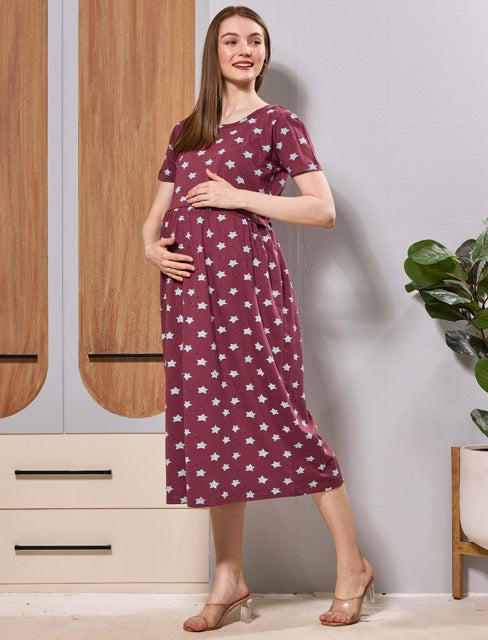 Maroon Hosiery Zipless Maternity and Feeding Maxi - Mangai Nighties 