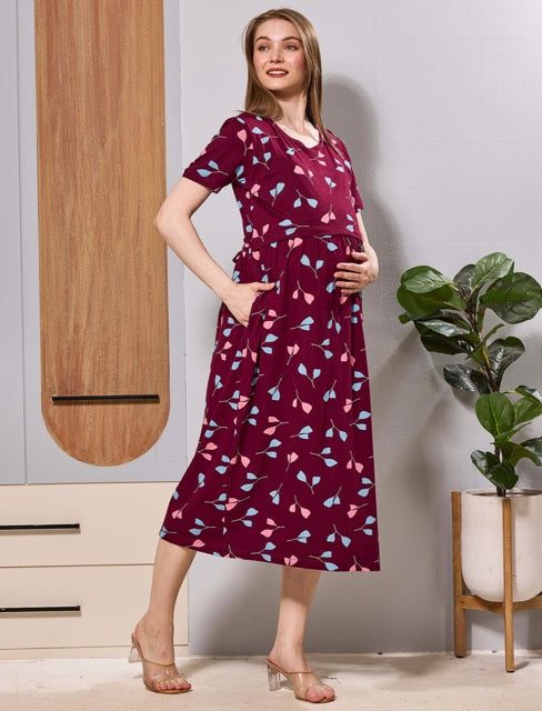 Maroon Hosiery Leaf Print Zipless Feeding Maxi for Pregnancy - Mangai Nighties