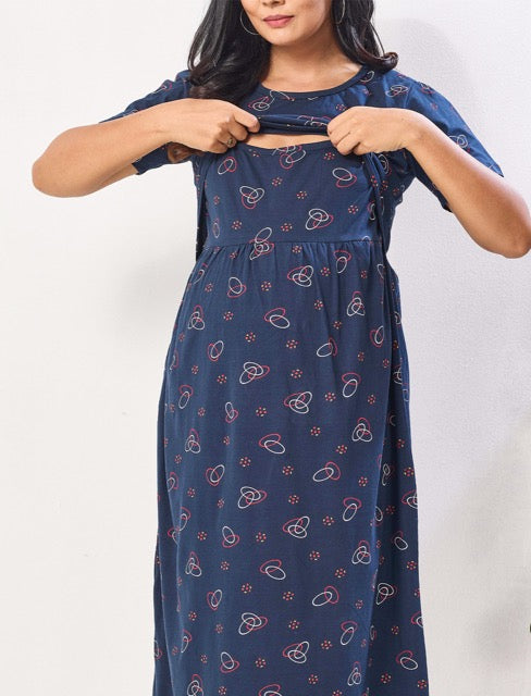 Hosiery Cotton zipless feeding frock back tie Rope - Mangai Nighties 