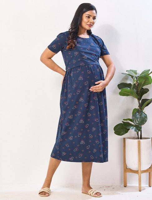 Navy Zipless Maternity Feeding wear breastfeeding dress for women - Mangai Nighties 