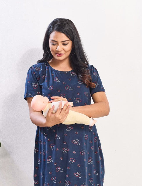 Navy Hosiery Maternity Feeding Maxi easy Breath Feeding Access - Mangai Nighties 