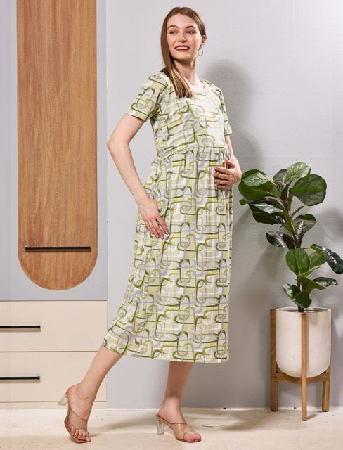 Olive Green Geometric Zipless Flip OpenNursing Maxi - Mangai Nighties 