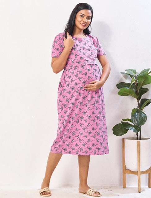 Pink Hosiery Cotton Zipless maternity and Feeding wear - Mangai Nighties 