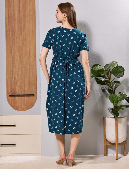 Teal blue Hosiery Back Tie Rope Maternity Feeding Zipless wear - Mangai Nighties 