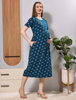 Teal Blue Hosiery Cotton Zipless Flip Open Feeding Maxi - Mangai Nighties 