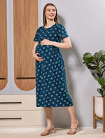 Blue Floral Hosiery Feeding Maxi with Side Pocket - Mangai Nighties 