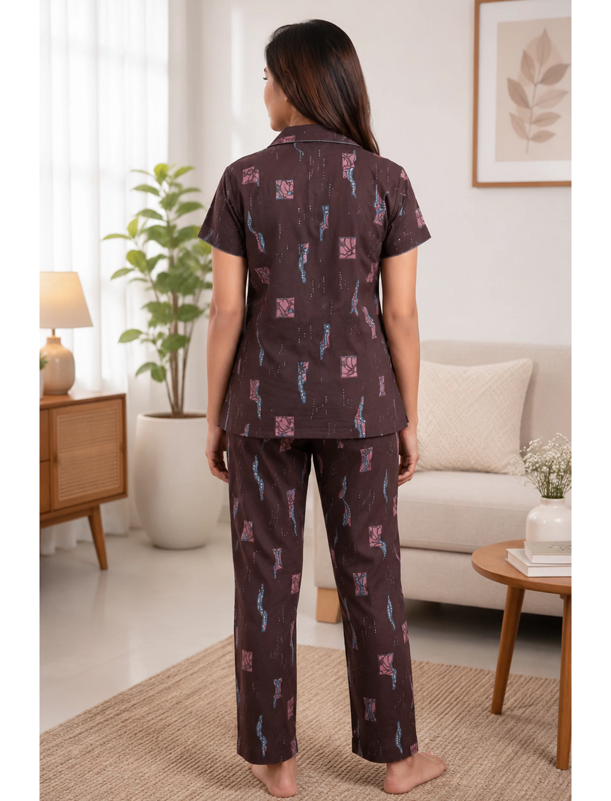 Coffee Brown Abstract Print Night Suit Set | Mangai Nighties