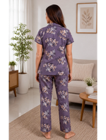 Lavender Beige Floral Print Hosiery Night Suit Set | Mangai Nighties