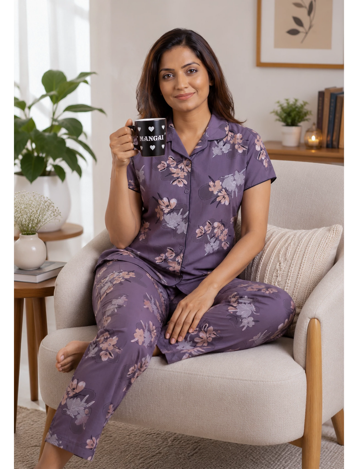 Lavender Beige Floral Print Hosiery Night Suit Set | Mangai Nighties