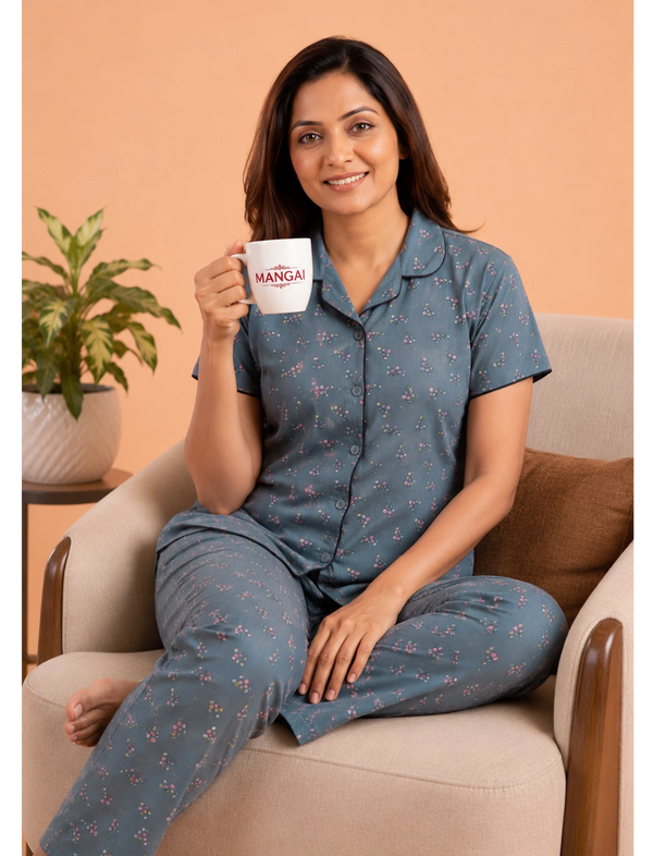 Hosiery Night Suit Half Sleeve Top with Side Pocket Bottom Mangai Nighties