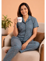 Teal Green Floral Print Hosiery Night Suit Set | Mangai Nighties