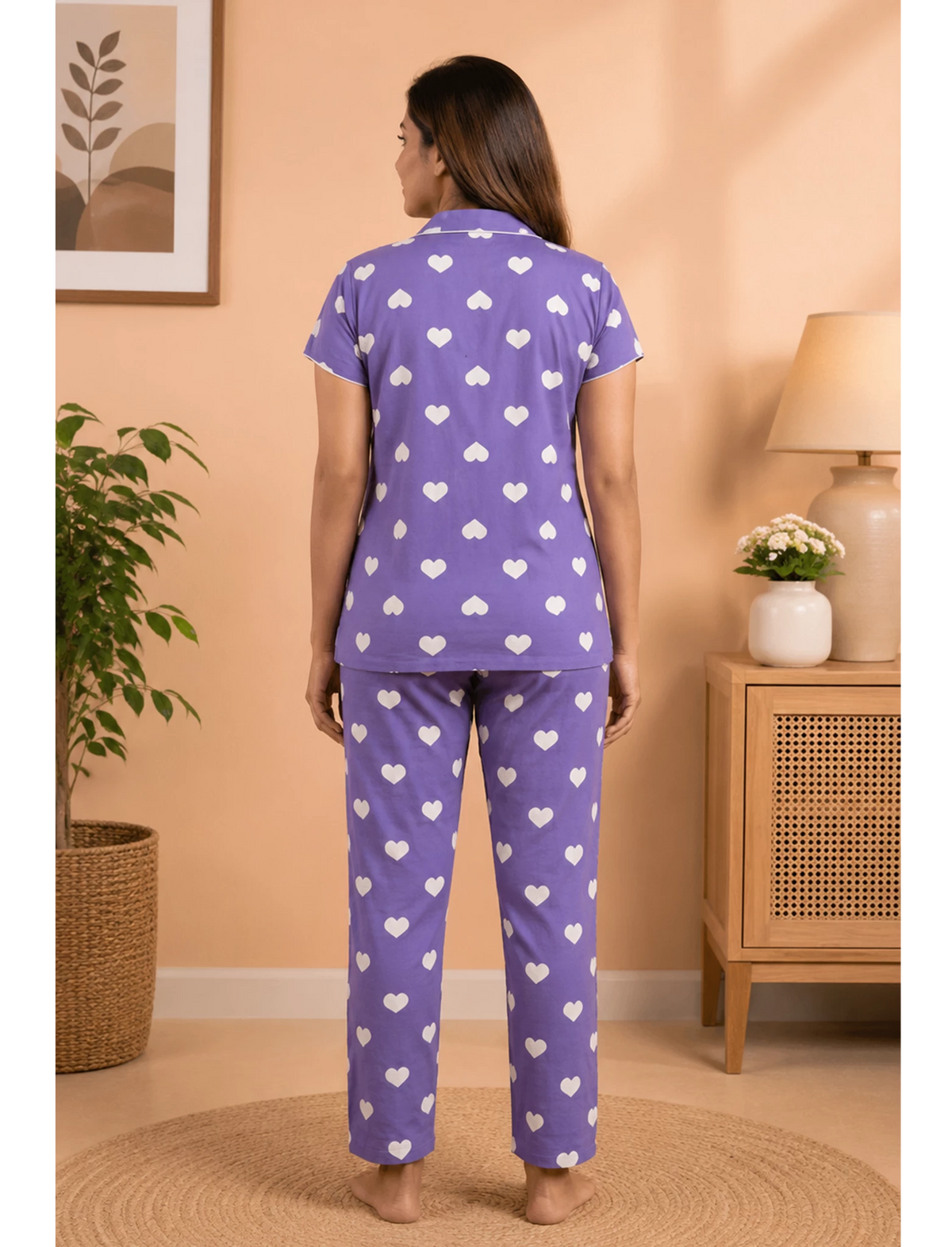 Violet Heart Print Hosiery Night Suit Set | Mangai Nighties
