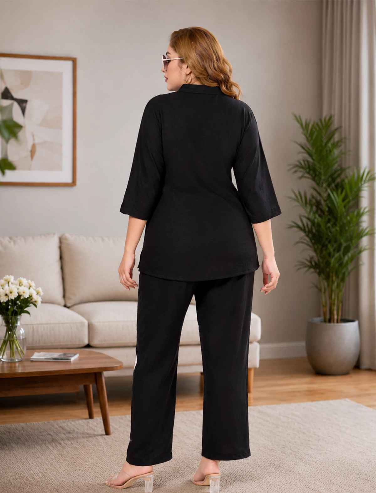 Black Floral Printed Night Suit Top Bottom - Mangai Nighties