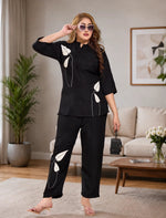 Black Floral Printed Night Suit Top Bottom - Mangai Nighties