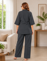 Charcoal Grey Print Linen Cotton Night Suit Set - Mangai Nighties