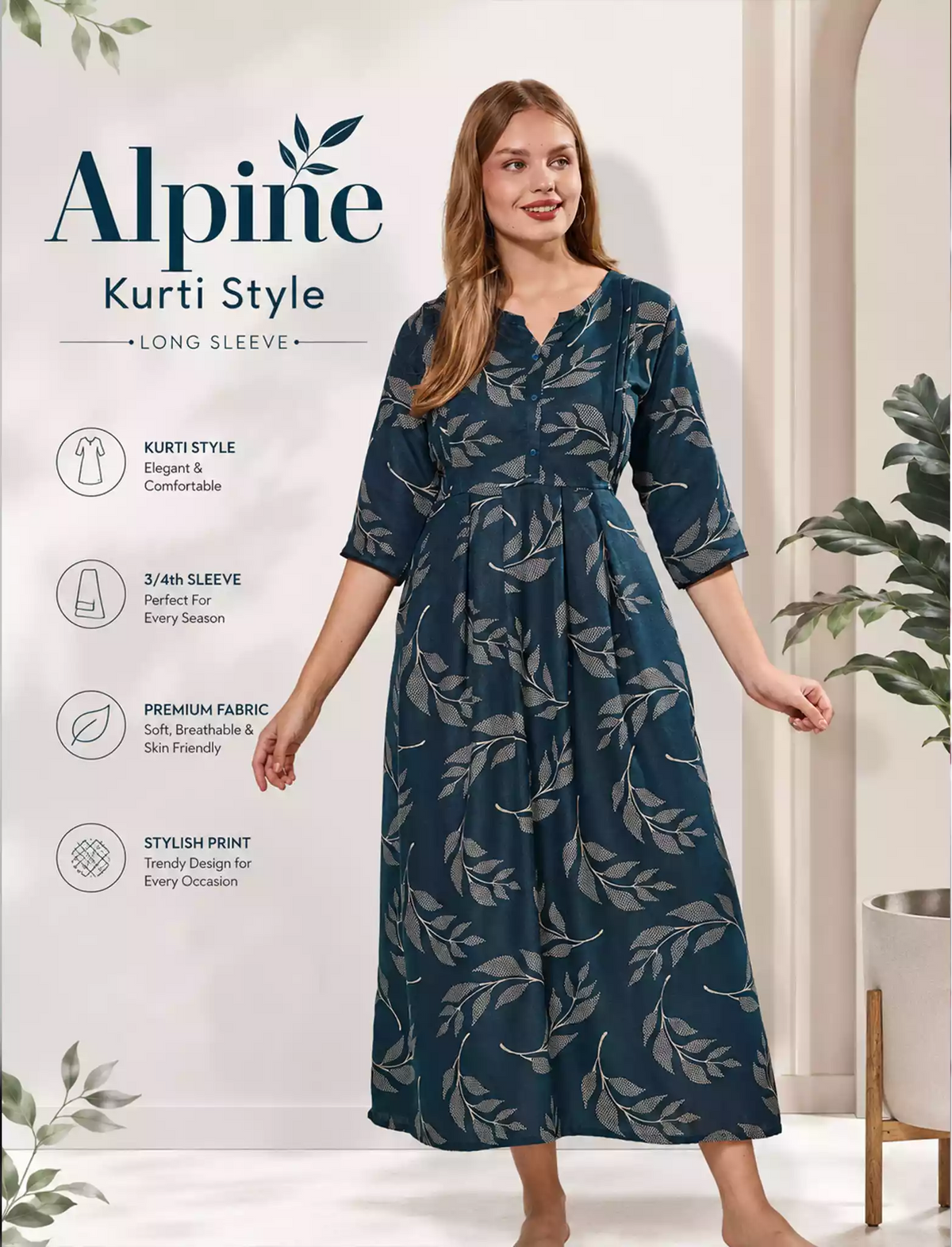 Teal Blue Alpine Kurti Style Nighty - Mangai Nighties