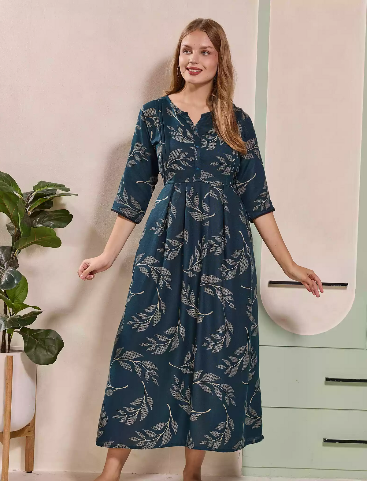 Teal Blue Alpine Kurti Style Nighty - Mangai Nighties
