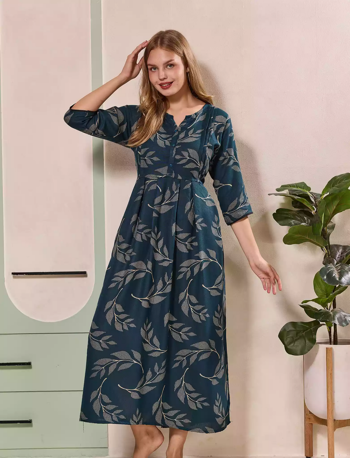Teal Blue Alpine Kurti with 3/4 long Sleeves - Mangai Nighties