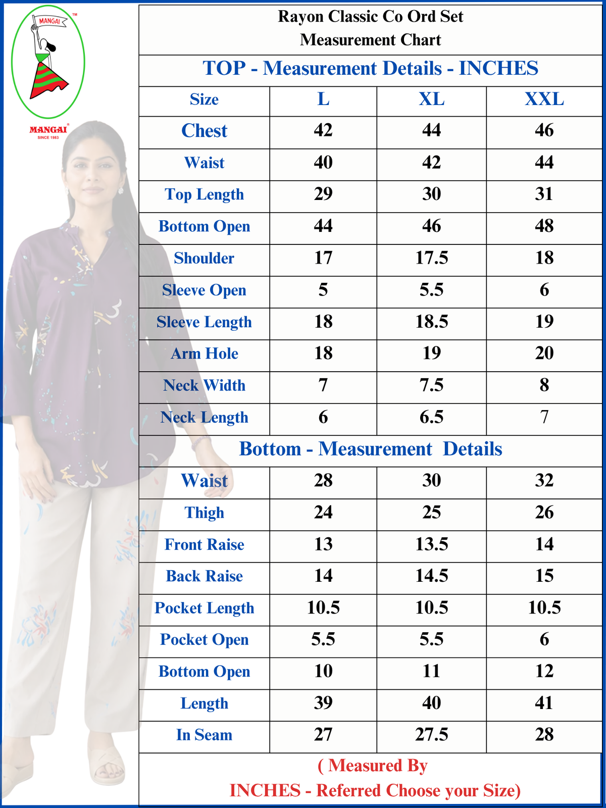 Mangai Classi Co Ord Set Measurement Chart 