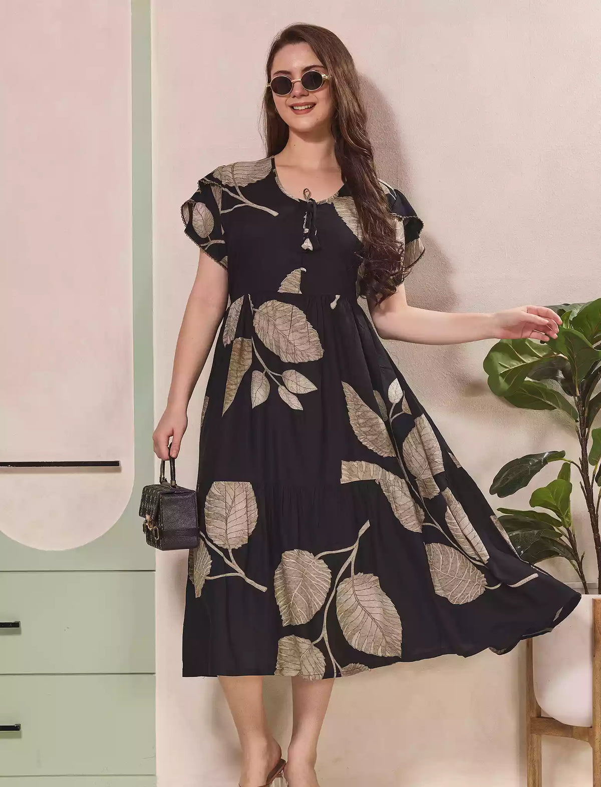 Leaf Printed Petal Sleeve Maxi with Back Tie | Mangai Nighties