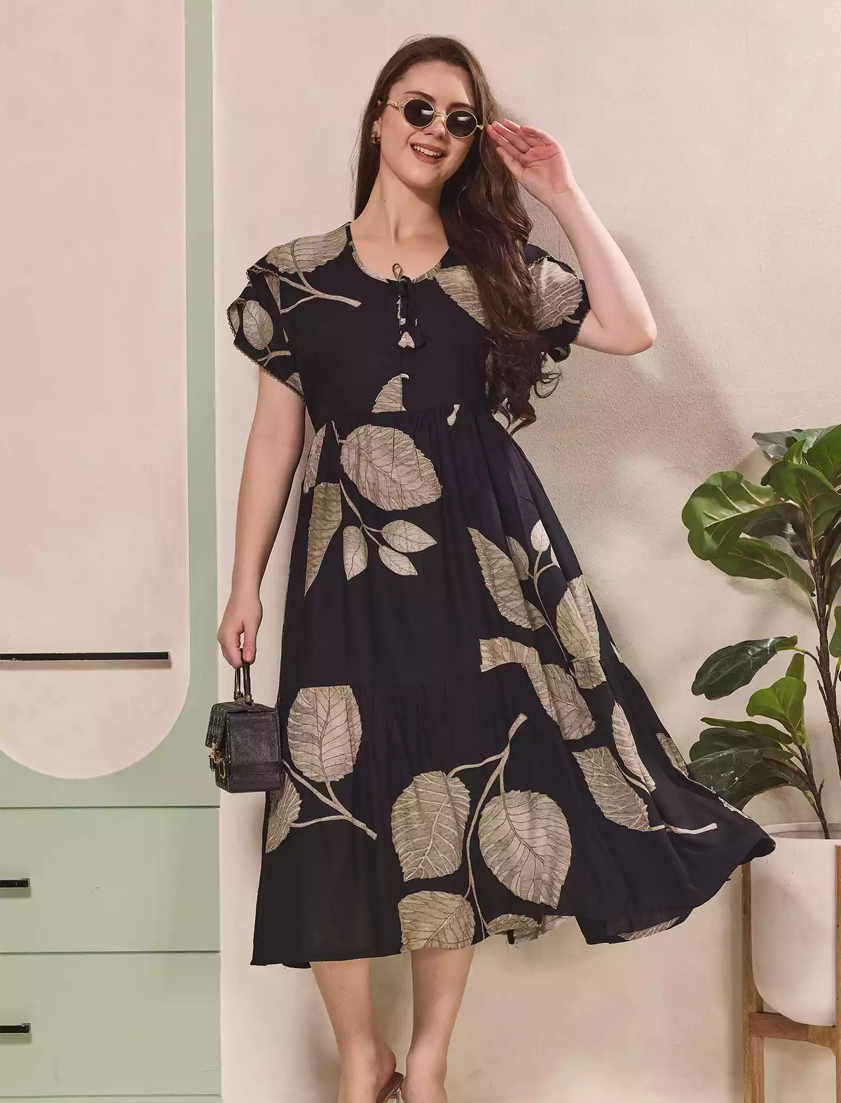 Leaf Printed Petal Sleeve Maxi with Back Tie | Mangai Nighties