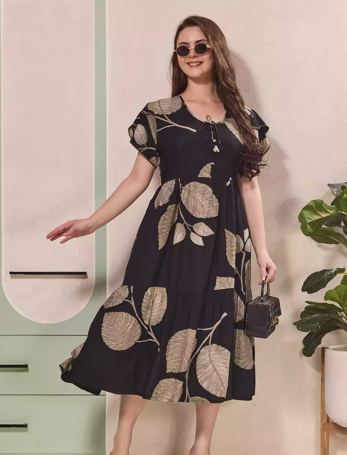 Leaf Printed Petal Sleeve Maxi with Back Tie | Mangai Nighties