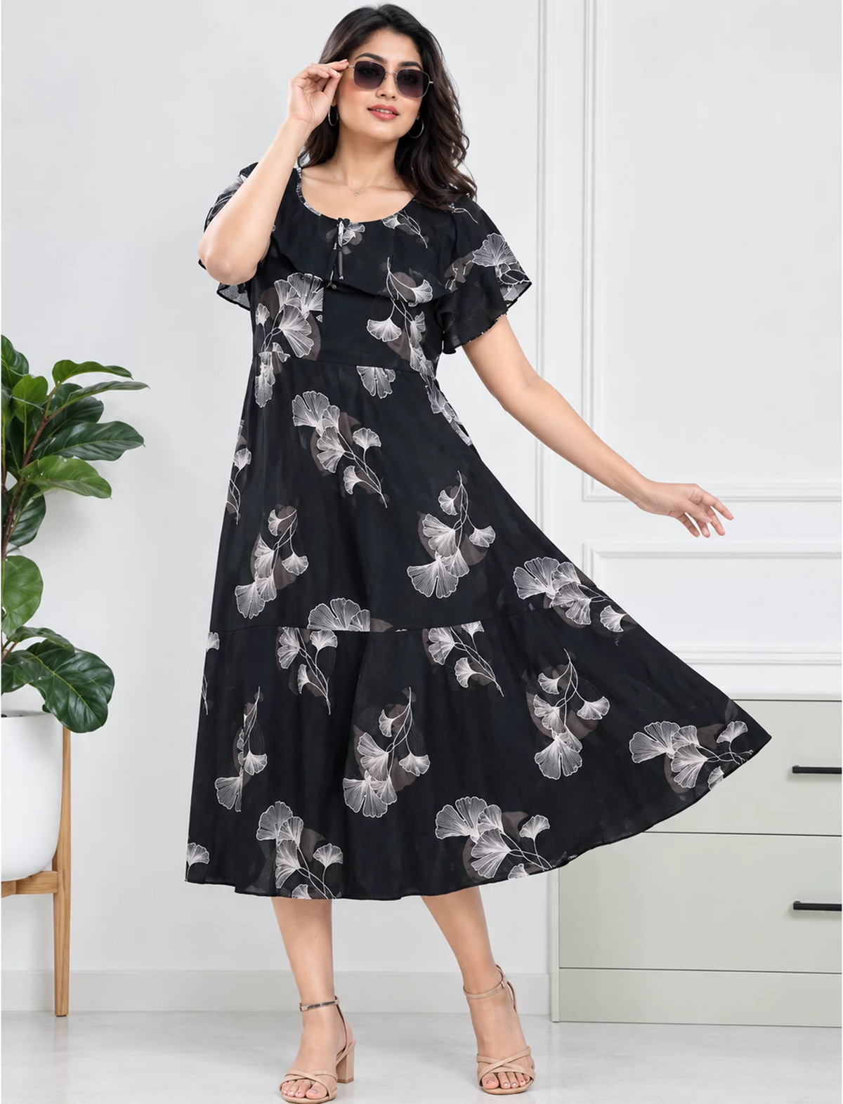 Floral Print Petal Sleeve Maxi with Side Pocket | Mangai Nighties