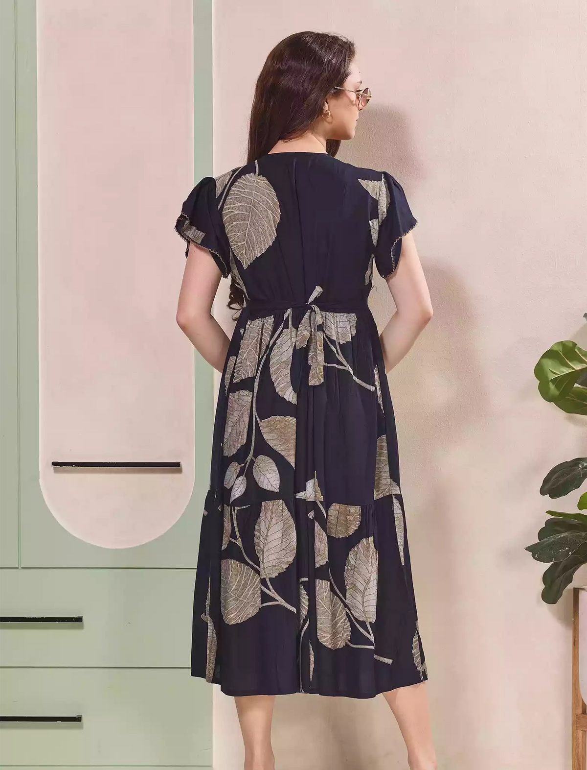 Leaf Printed Petal Sleeve Maxi with Back Tie | Mangai Nighties