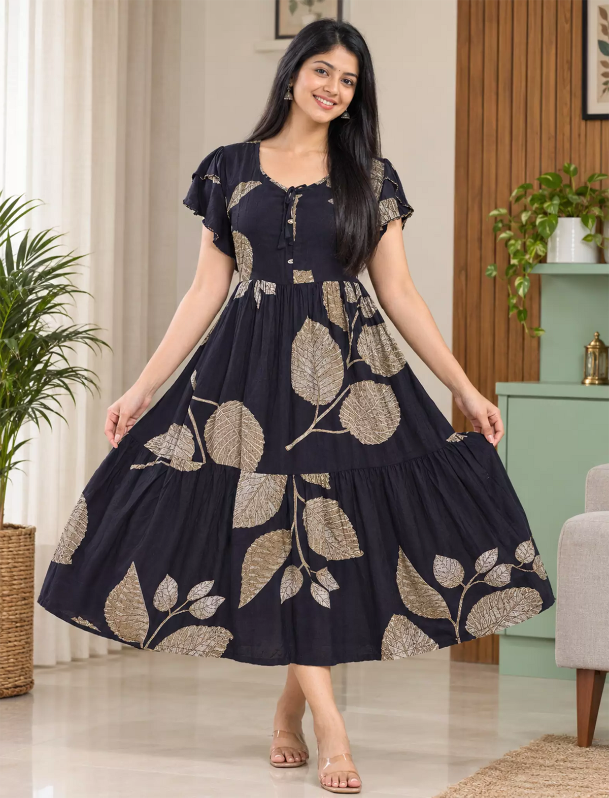 Leaf Printed Petal Sleeve Maxi with Back Tie | Mangai Nighties