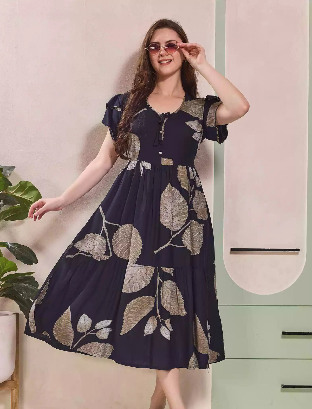 Leaf Printed Petal Sleeve Maxi with Back Tie | Mangai Nighties