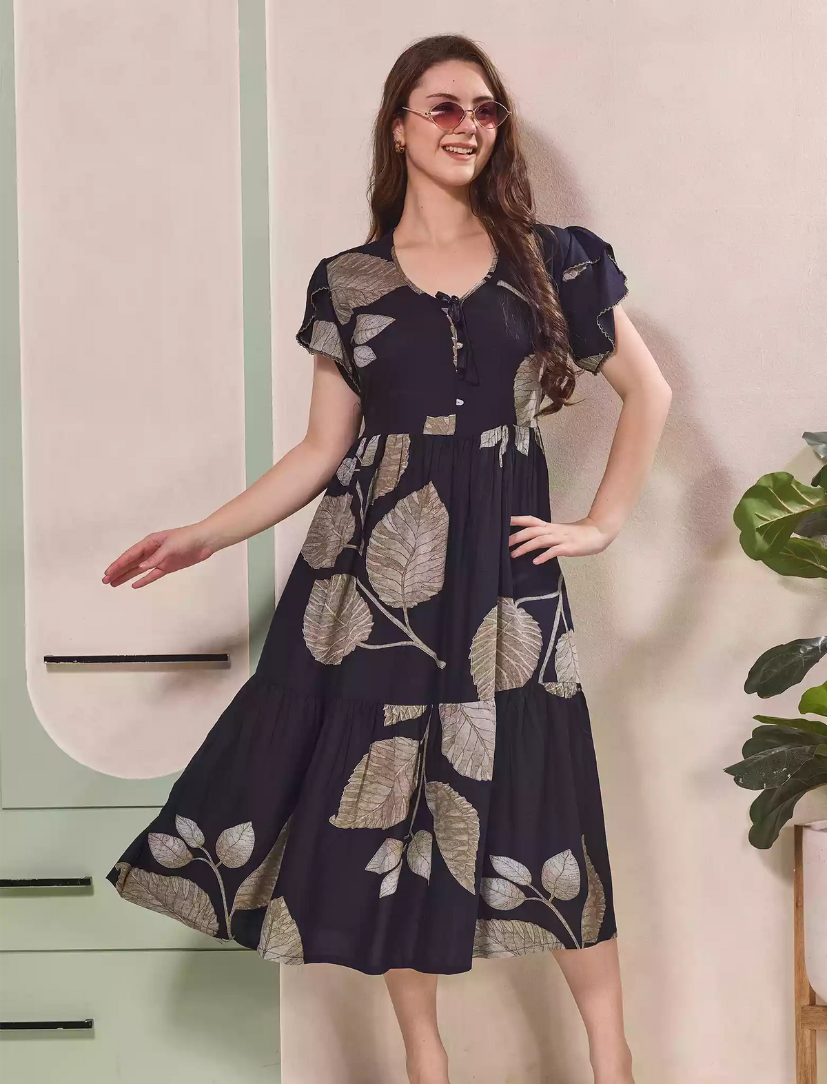 Leaf Printed Petal Sleeve Maxi with Back Tie | Mangai Nighties