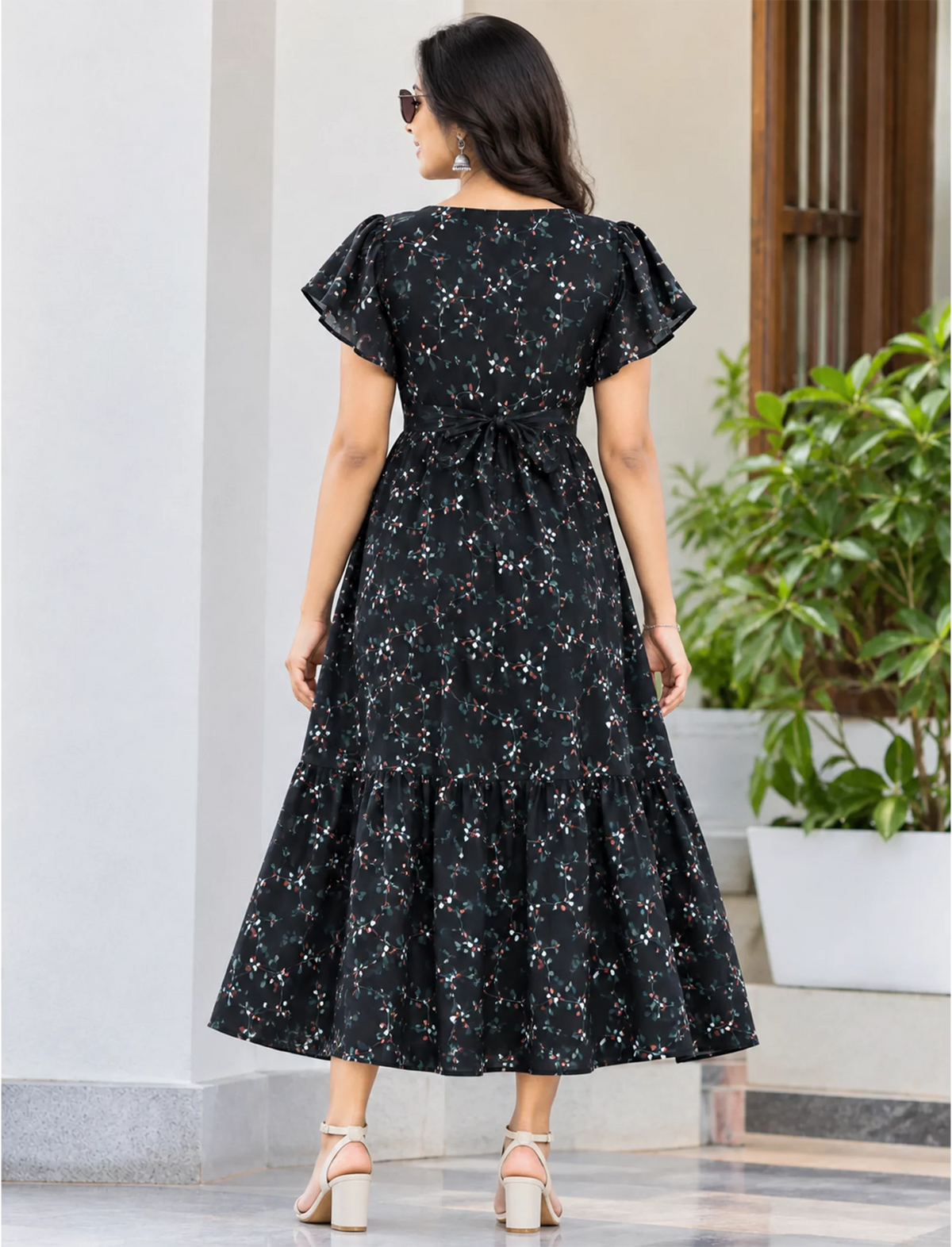 Floral Print Petal Sleeve Maxi with Back Tie | Mangai Nighties
