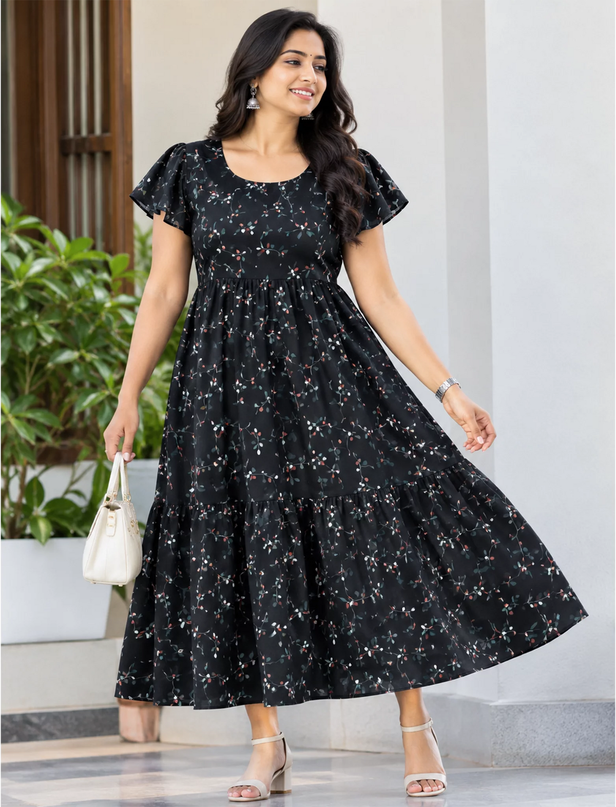 Floral Print Petal Sleeve Maxi with Back Tie | Mangai Nighties