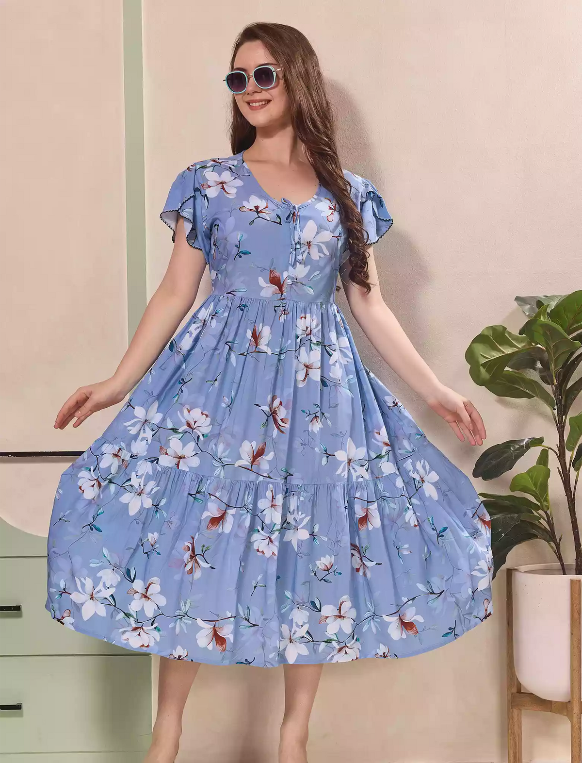 Floral Print Petal Sleeve Maxi with Side Pocket | Mangai Nighties
